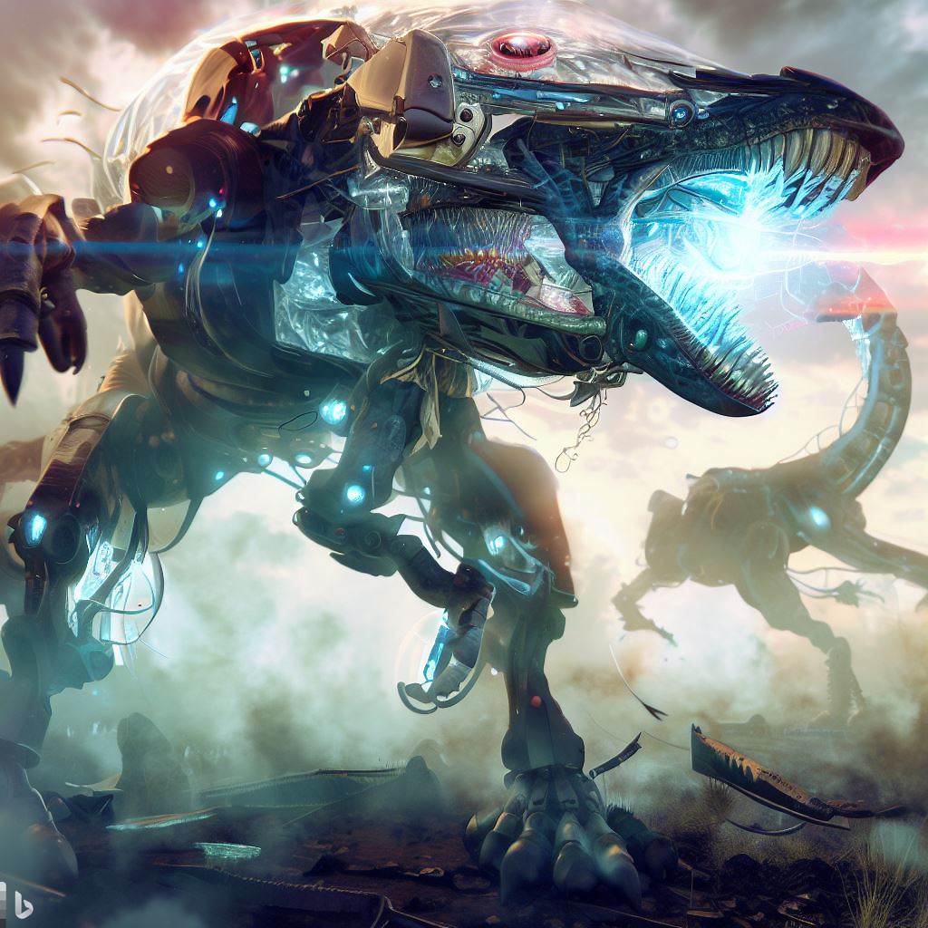 futuristic dinosaur mech with shattered glass body and glowing eyes being hunted while fighting in surreal environment, detailed smoke and clouds, lens flare, fish-eye lens, realistic h.r. giger style 2.jpg